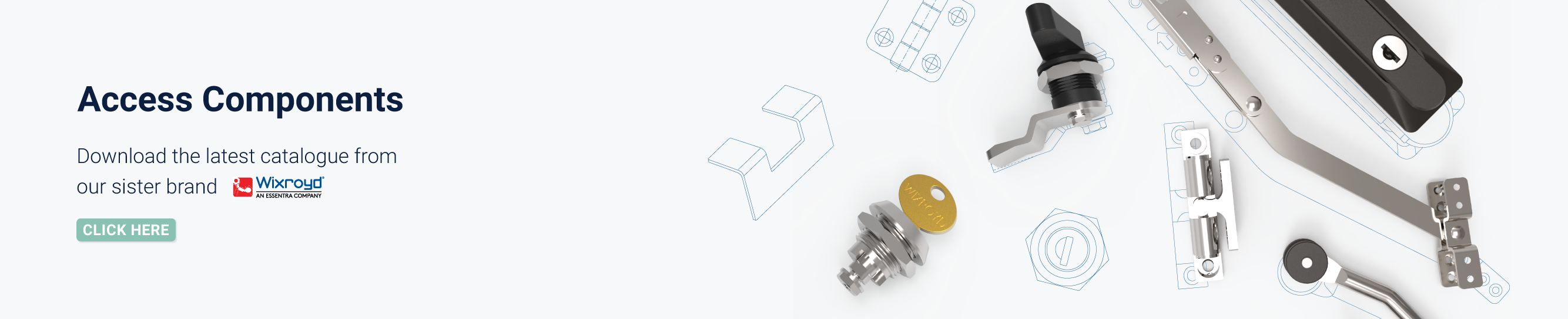 Text displaying 'Access Components - Download the latest catalogue' with a teal 'Click Here' button and a layout of various Access Component renders