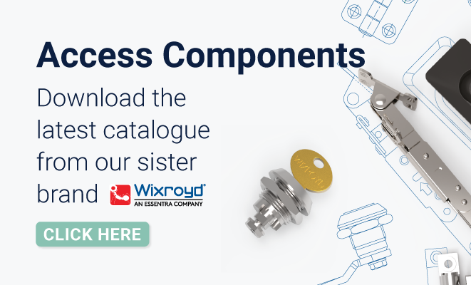 Text displaying 'Access Components - Download the latest catalogue' with a teal 'Click Here' button and a layout of various Access Component renders