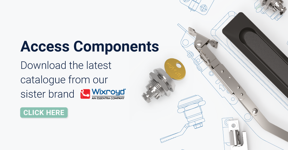 Text displaying 'Access Components - Download the latest catalogue' with a teal 'Click Here' button and a layout of various Access Component renders