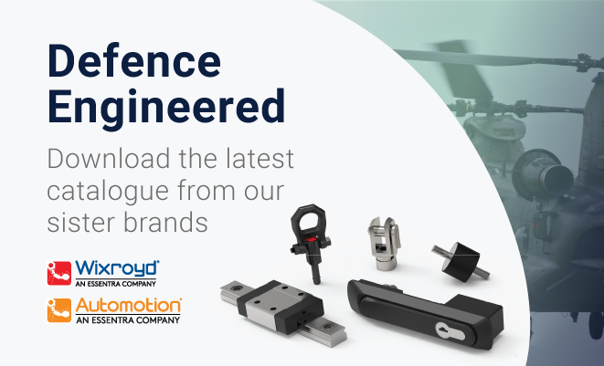 Text displaying 'Defence Engineered - Download the latest catalogue' with a visual of a Chinook with a low opacity teal overlay and a 'Click Here' button