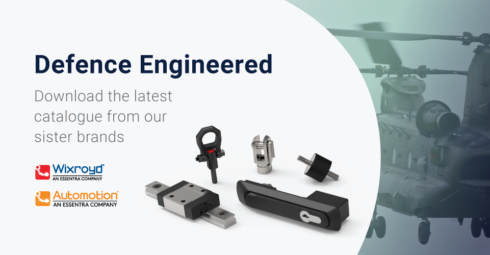 Text displaying 'Defence Engineered - Download the latest catalogue' with a visual of a Chinook with a low opacity teal overlay and a 'Click Here' button
