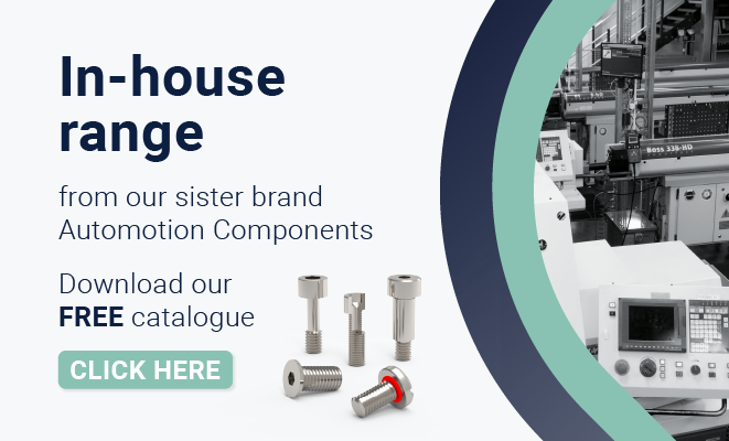 Text displaying 'In house range, download our free catalogue' with a rendered image of various screws and photo of production with a teal and navy border