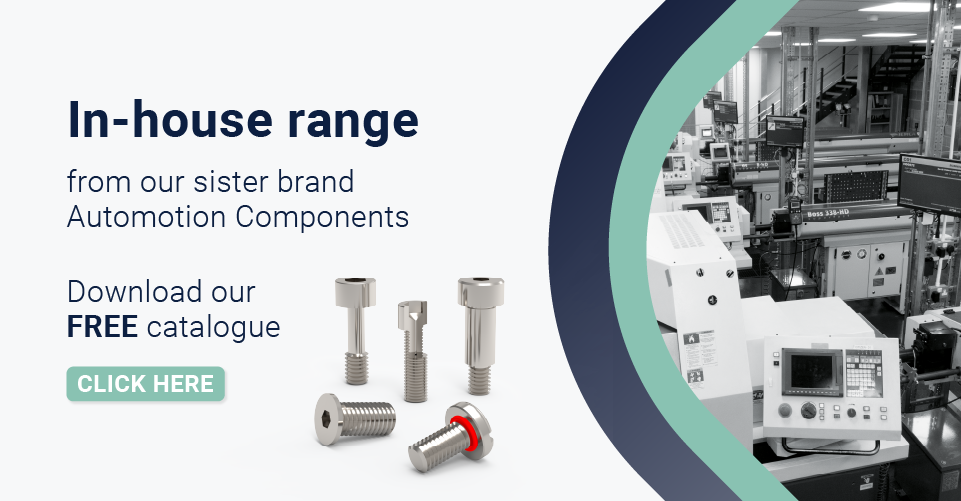 Text displaying 'In house range, download our free catalogue' with a rendered image of various screws and photo of production with a teal and navy border