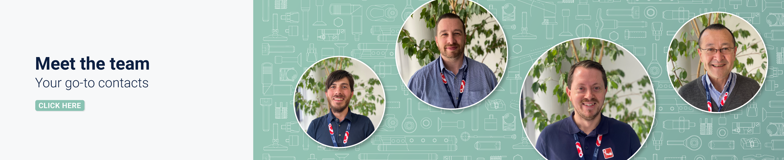 Text displaying 'Meet the team, your go-to contacts' with images of 4 team members