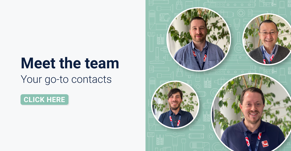Text displaying 'Meet the team, your go-to contacts' with images of 4 team members