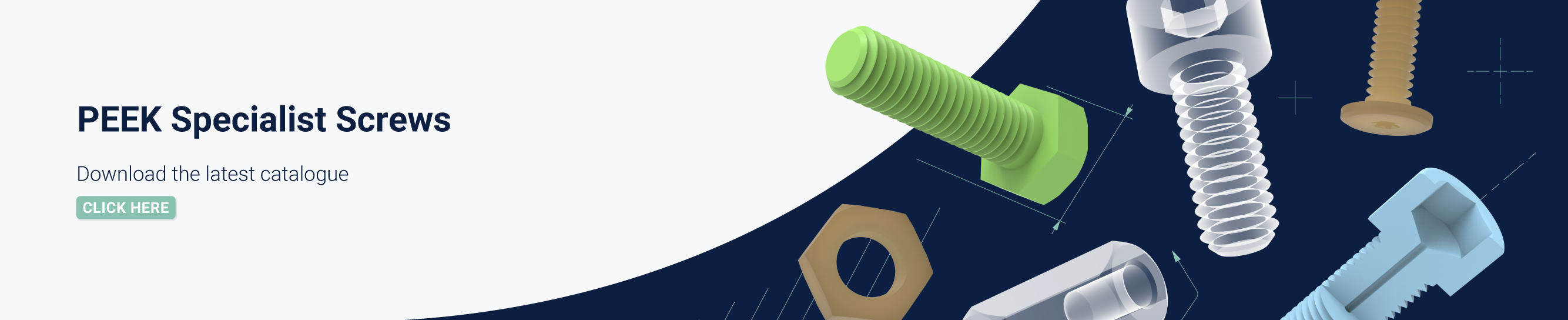 Text displaying 'PEEK Specialist Screws, download our free catalogue' with a rendered image of various PEEK screws on a Teknipart navy background