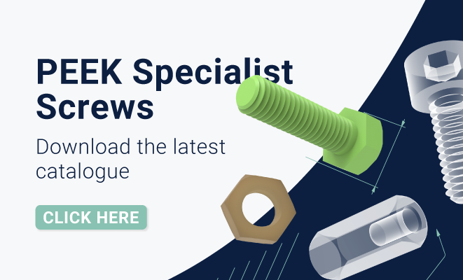 Text displaying 'PEEK Specialist Screws, download our free catalogue' with a rendered image of various PEEK screws on a Teknipart navy background