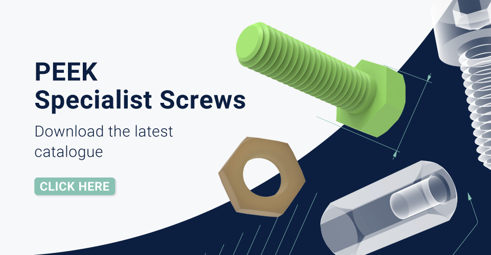 Text displaying 'PEEK Specialist Screws, download our free catalogue' with a rendered image of various PEEK screws on a Teknipart navy background